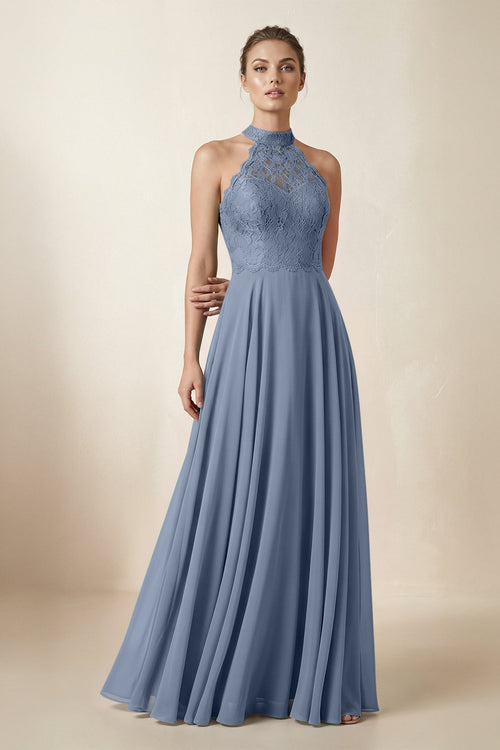 Lace Halter A - Line Chiffon Bridesmaid Dress in Neptune - KISS BRIDAL Bridesmaid Dresses