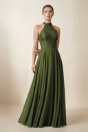 Lace Halter A - Line Chiffon Bridesmaid Dress in Olive - KISS BRIDAL Bridesmaid Dresses