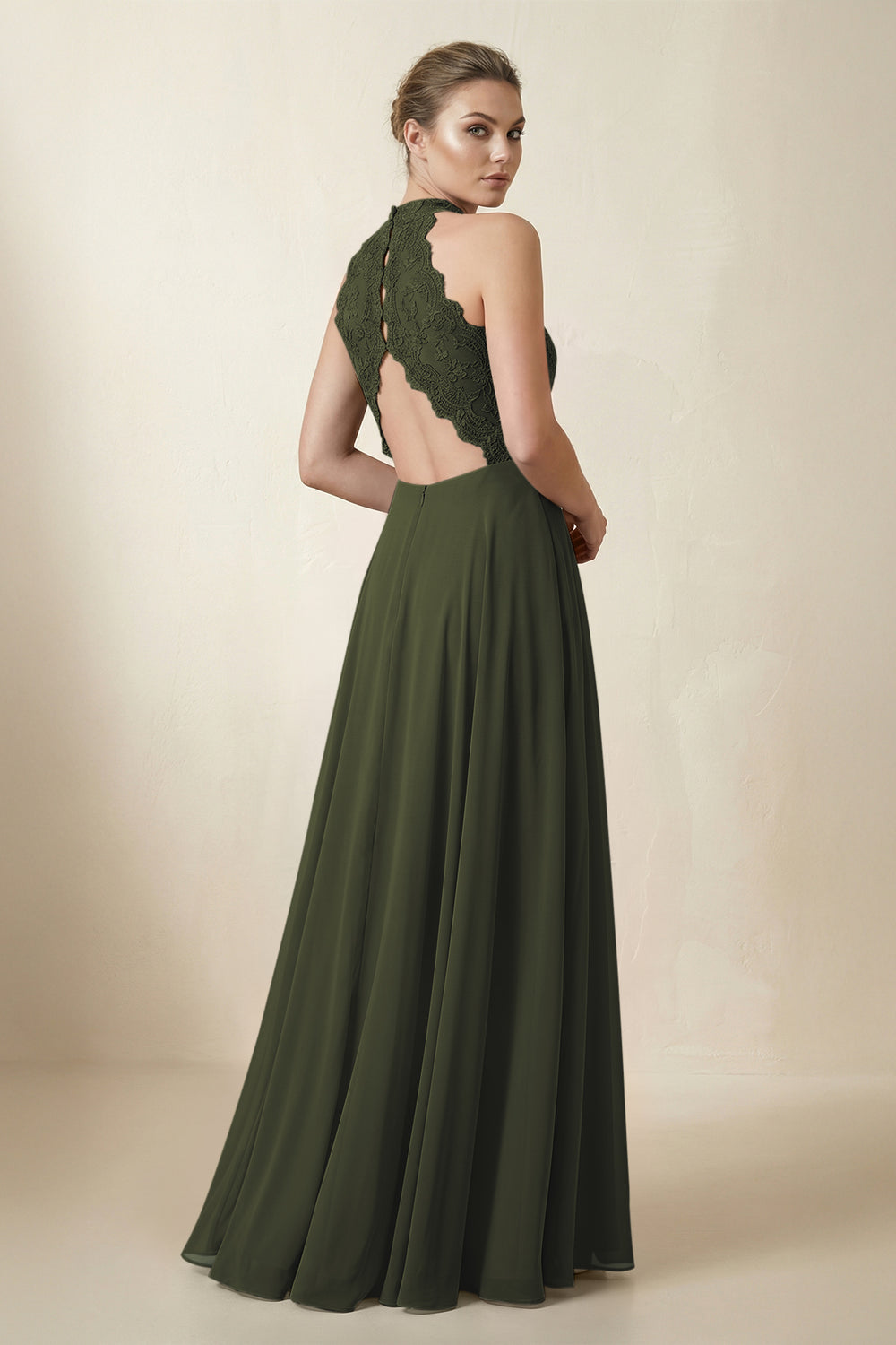 Lace Halter A-Line Chiffon Bridesmaid Dress in Olive