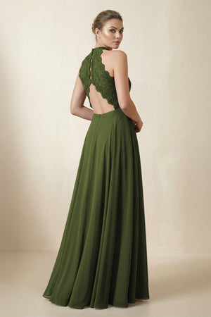 Lace Halter A - Line Chiffon Bridesmaid Dress in Olive - KISS BRIDAL Bridesmaid Dresses