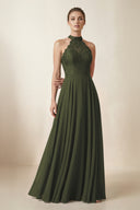 Lace Halter A-Line Chiffon Bridesmaid Dress in Olive | KISSBRIDAL