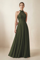 Lace Halter A-Line Chiffon Bridesmaid Dress in Olive | KISSBRIDAL