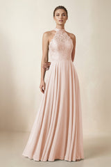 Lace Halter A - Line Chiffon Bridesmaid Dress in Pale Blush - KISS BRIDAL Bridesmaid Dresses