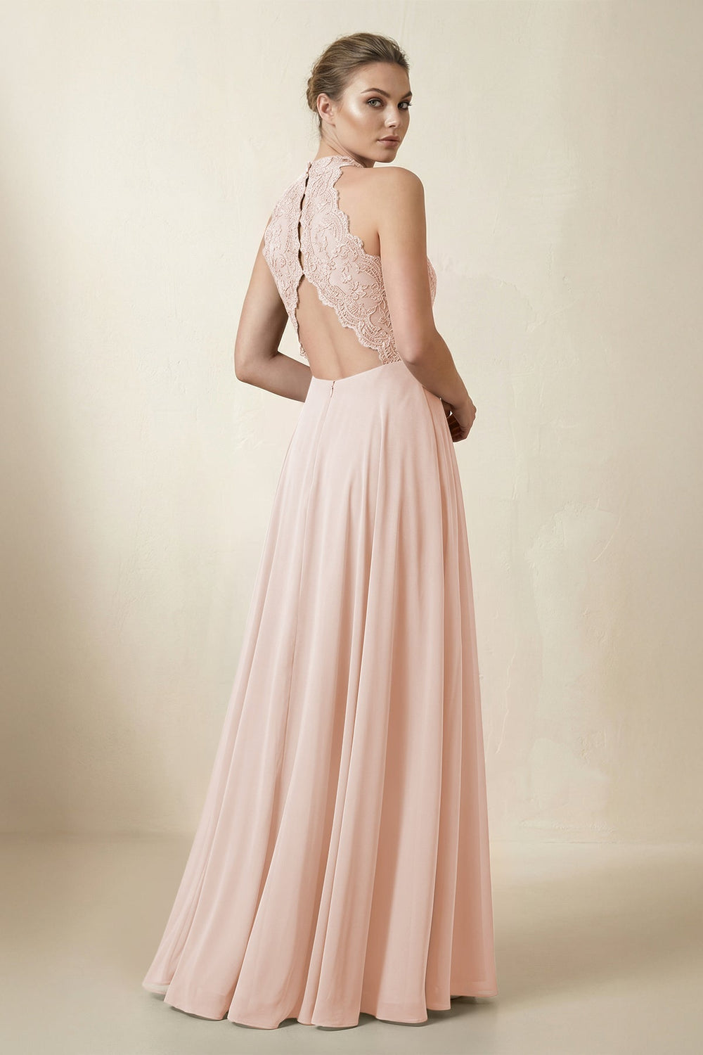 Lace Halter A - Line Chiffon Bridesmaid Dress in Pale Blush - KISS BRIDAL Bridesmaid Dresses
