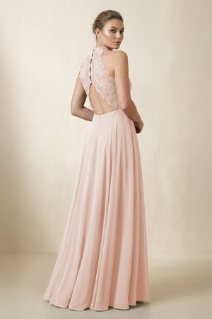 Lace Halter A - Line Chiffon Bridesmaid Dress in Pale Blush - KISS BRIDAL Bridesmaid Dresses
