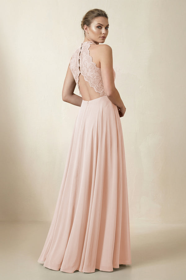 Lace Halter A - Line Chiffon Bridesmaid Dress in Pale Blush - KISS BRIDAL Bridesmaid Dresses
