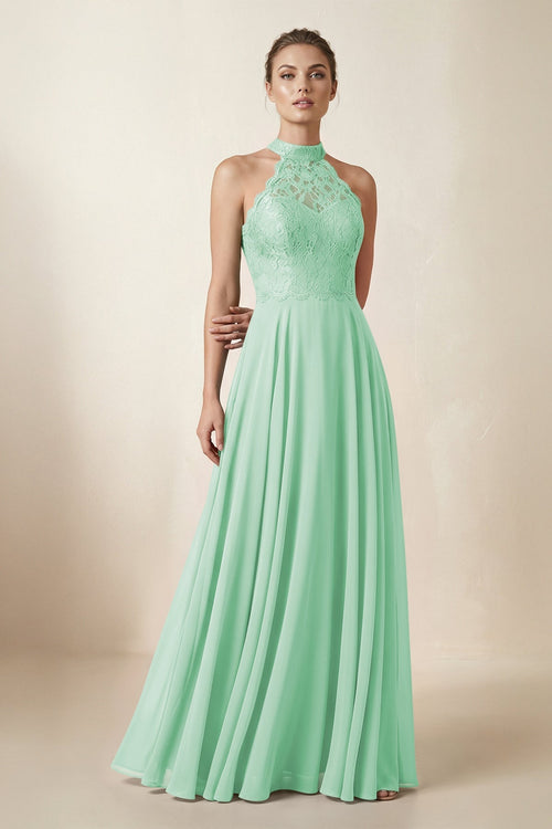 Lace Halter A - Line Chiffon Bridesmaid Dress in Pale Pistachio - KISS BRIDAL Bridesmaid Dresses