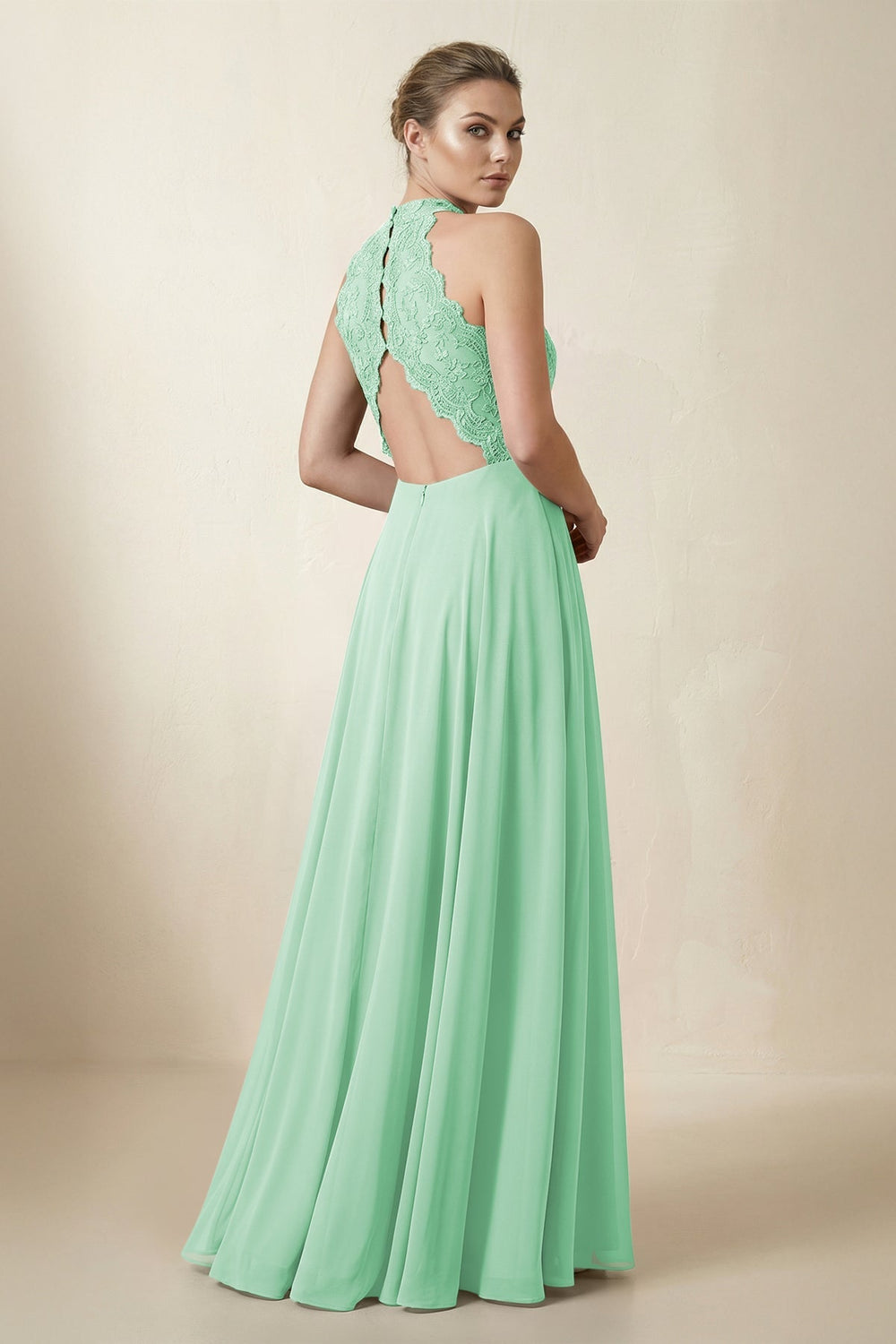 Lace Halter A - Line Chiffon Bridesmaid Dress in Pale Pistachio - KISS BRIDAL Bridesmaid Dresses