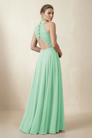 Lace Halter A - Line Chiffon Bridesmaid Dress in Pale Pistachio - KISS BRIDAL Bridesmaid Dresses