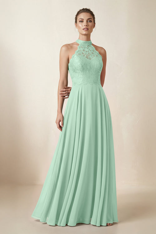 Lace Halter A-Line Chiffon Bridesmaid Dress in Pale Pistachio | KISSBRIDAL