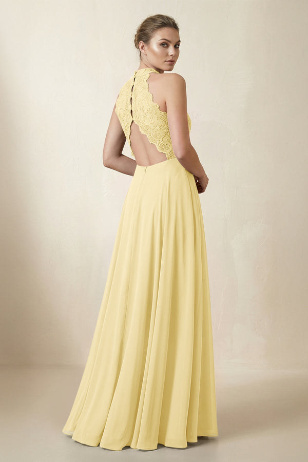 Lace Halter A - Line Chiffon Bridesmaid Dress in Pastel Yellow - KISS BRIDAL Bridesmaid Dresses