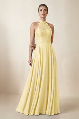 Lace Halter A - Line Chiffon Bridesmaid Dress in Pastel Yellow - KISS BRIDAL Bridesmaid Dresses