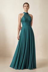 Lace Halter A - Line Chiffon Bridesmaid Dress in Pine - KISS BRIDAL Bridesmaid Dresses