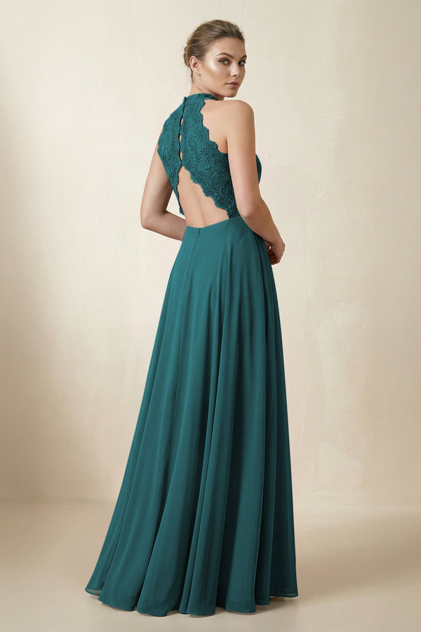 Lace Halter A - Line Chiffon Bridesmaid Dress in Pine - KISS BRIDAL Bridesmaid Dresses