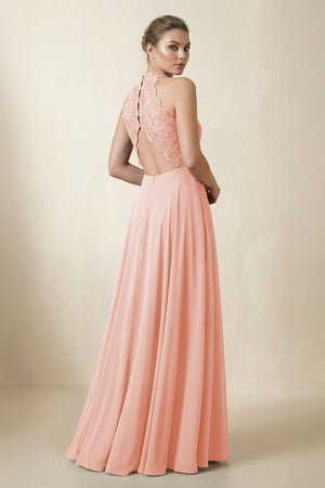 Lace Halter A - Line Chiffon Bridesmaid Dress in Rose Petal - KISS BRIDAL Bridesmaid Dresses