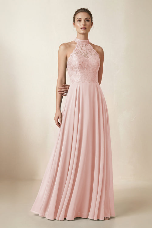 Lace Halter A-Line Chiffon Bridesmaid Dress in Rose Petal | KISSBRIDAL