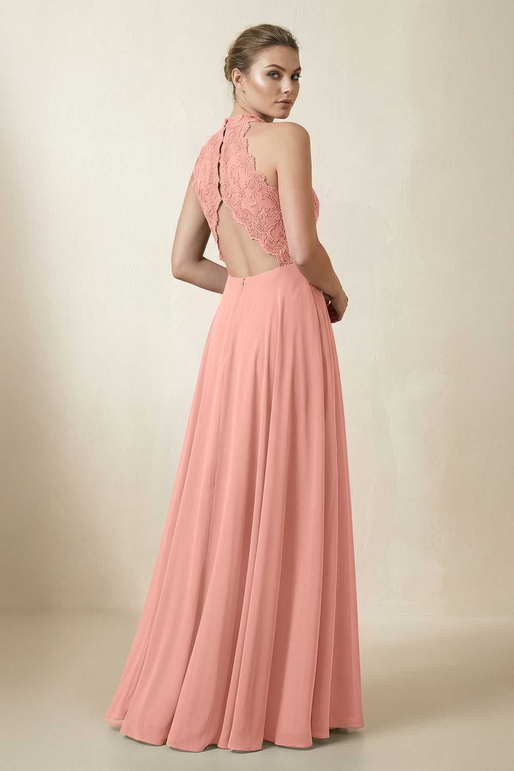 Lace Halter A-Line Chiffon Bridesmaid Dress in Rosette
