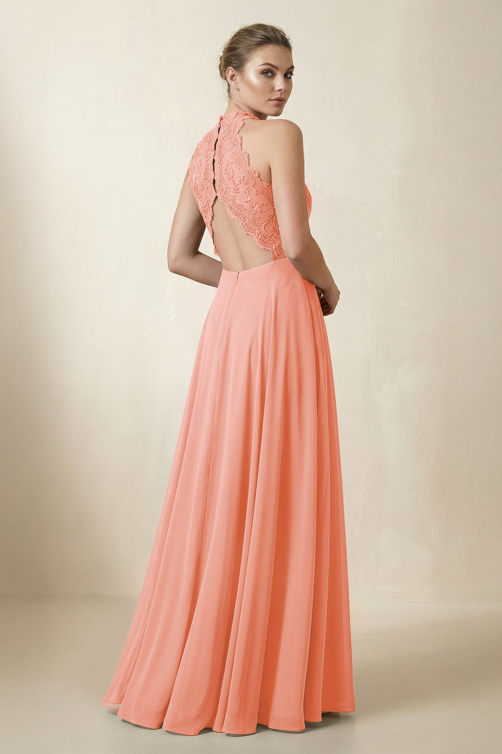 Lace Halter A - Line Chiffon Bridesmaid Dress in Rosette - KISS BRIDAL Bridesmaid Dresses