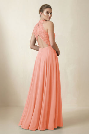 Lace Halter A - Line Chiffon Bridesmaid Dress in Rosette - KISS BRIDAL Bridesmaid Dresses