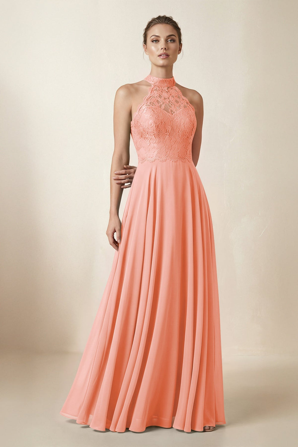 Lace Halter A - Line Chiffon Bridesmaid Dress in Rosette - KISS BRIDAL Bridesmaid Dresses