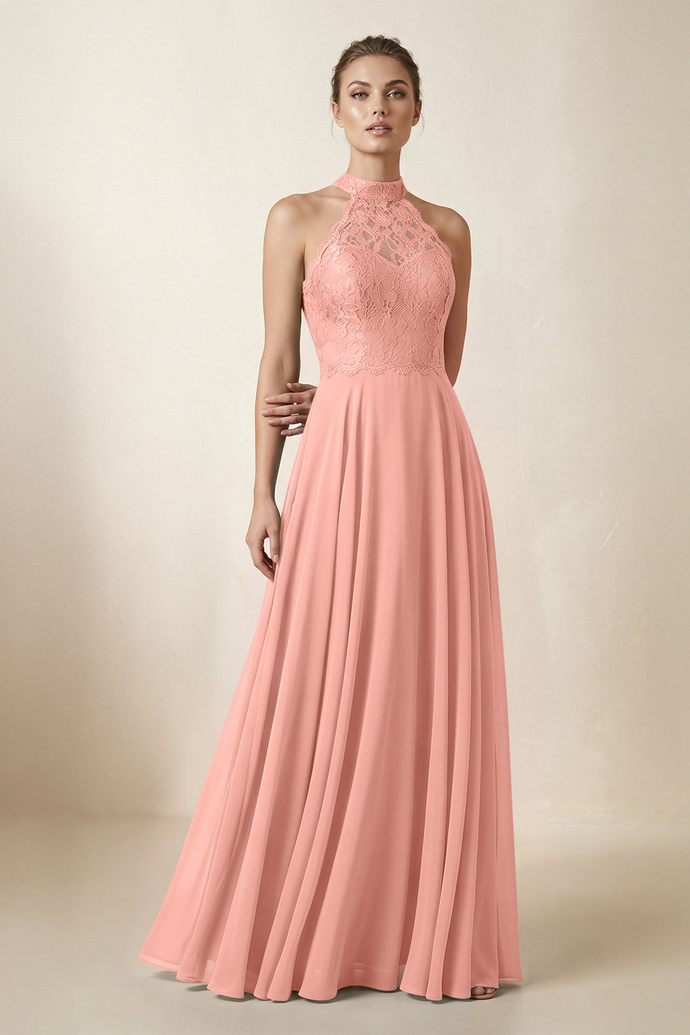 Lace Halter A-Line Chiffon Bridesmaid Dress in Rosette