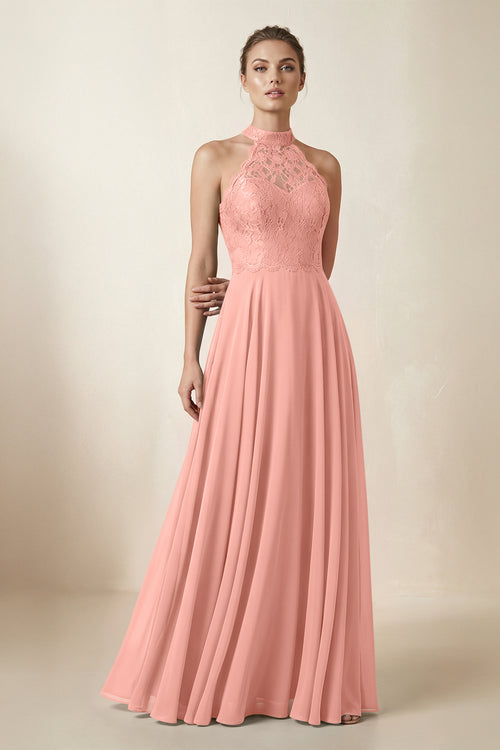 Lace Halter A-Line Chiffon Bridesmaid Dress in Rosette | KISSBRIDAL