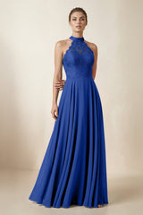 Lace Halter A - Line Chiffon Bridesmaid Dress in Royal Blue - KISS BRIDAL Bridesmaid Dresses