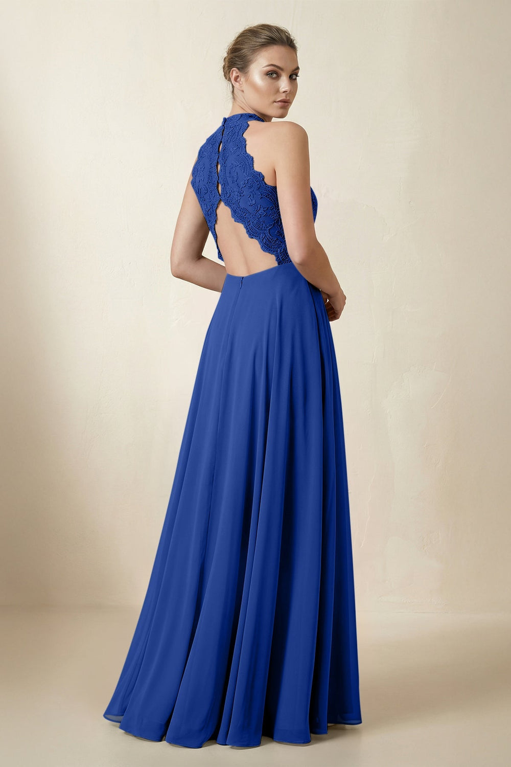 Lace Halter A - Line Chiffon Bridesmaid Dress in Royal Blue - KISS BRIDAL Bridesmaid Dresses