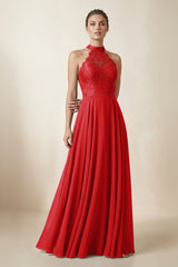 Lace Halter A - Line Chiffon Bridesmaid Dress in Ruby Red - KISS BRIDAL Bridesmaid Dresses