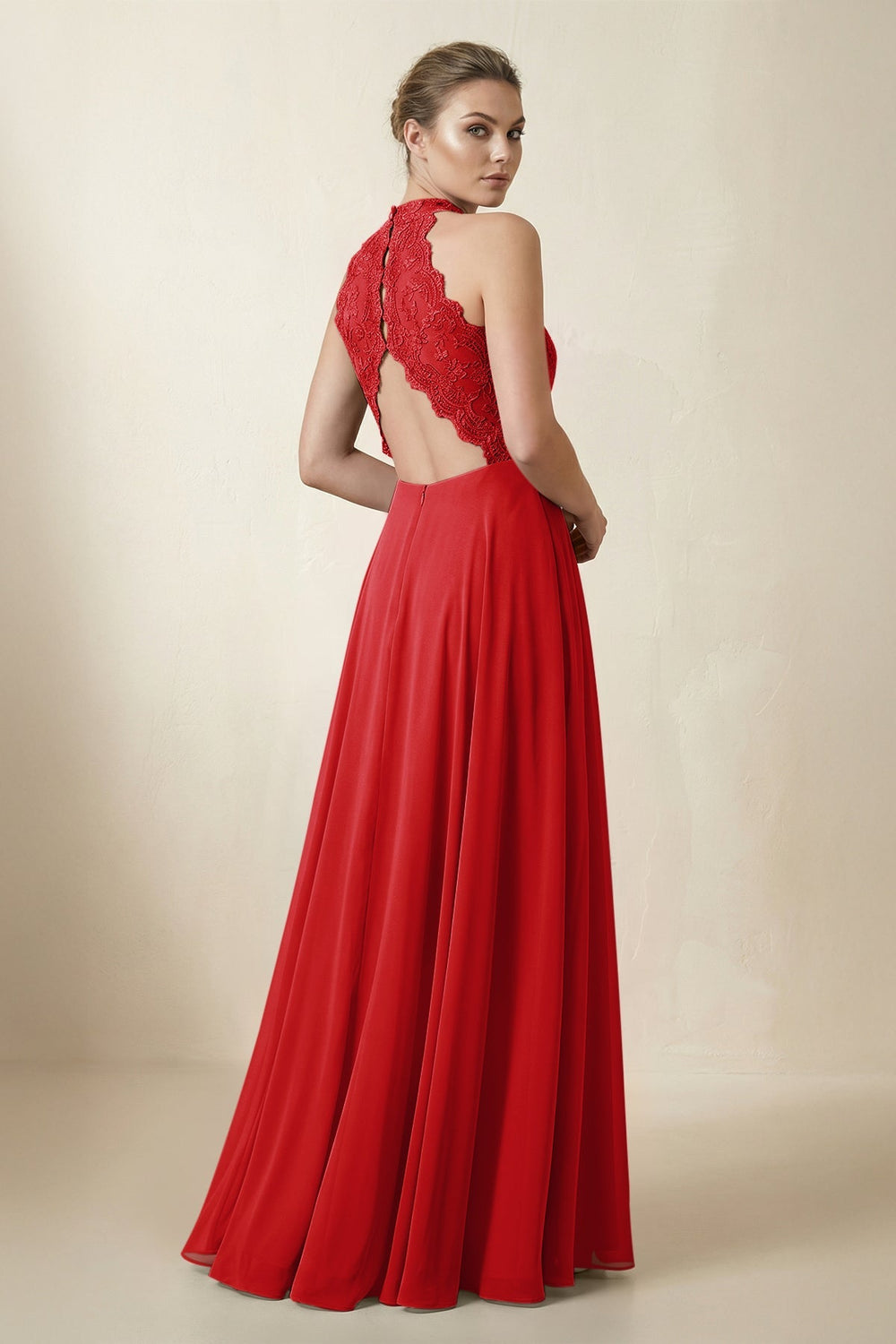 Lace Halter A - Line Chiffon Bridesmaid Dress in Ruby Red - KISS BRIDAL Bridesmaid Dresses