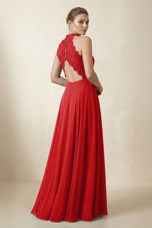 Lace Halter A - Line Chiffon Bridesmaid Dress in Ruby Red - KISS BRIDAL Bridesmaid Dresses