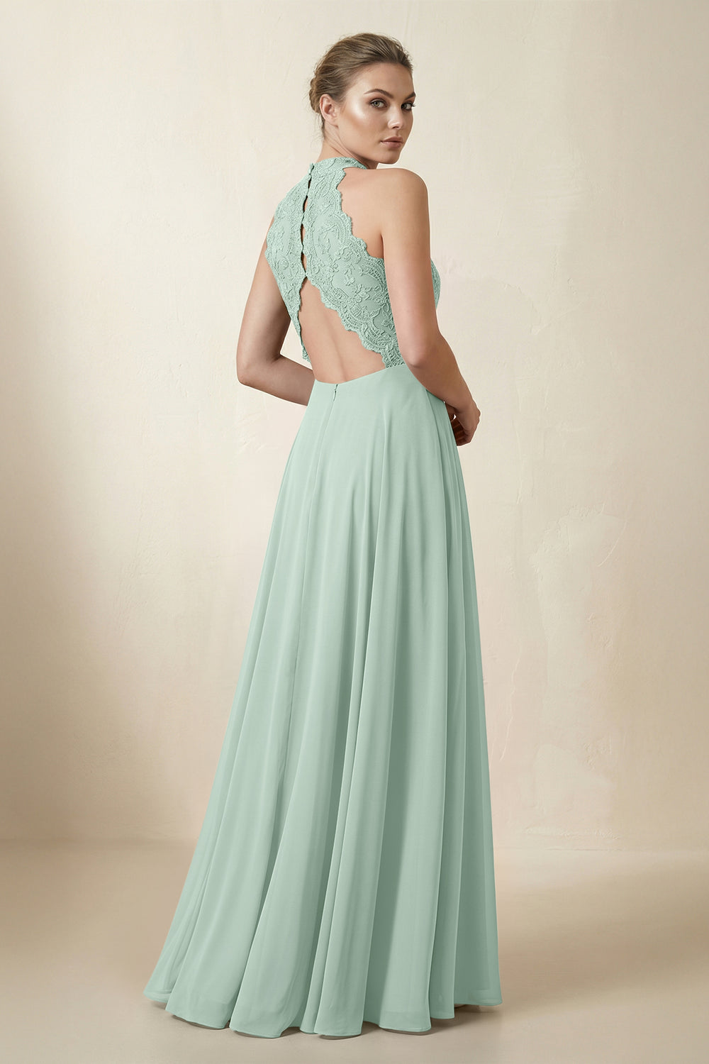 Lace Halter A-Line Chiffon Bridesmaid Dress in Sage