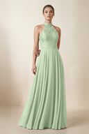 Lace Halter A - Line Chiffon Bridesmaid Dress in Sage - KISS BRIDAL Bridesmaid Dresses