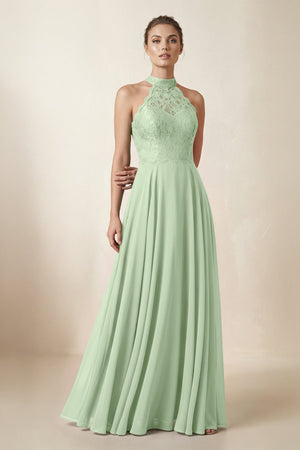 Lace Halter A - Line Chiffon Bridesmaid Dress in Sage - KISS BRIDAL Bridesmaid Dresses