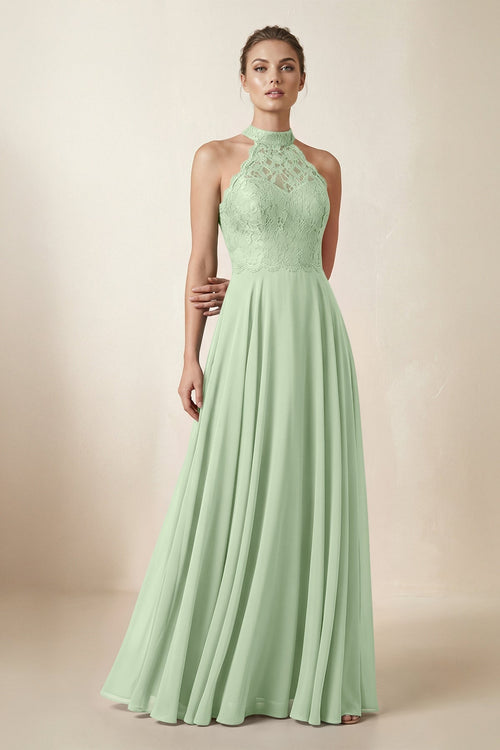 Lace Halter A - Line Chiffon Bridesmaid Dress in Sage - KISS BRIDAL Bridesmaid Dresses