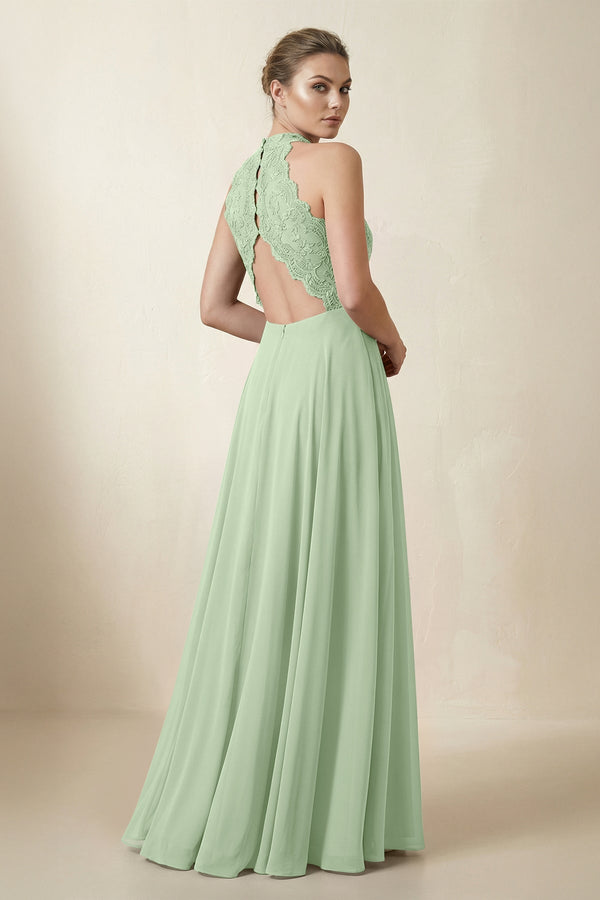Lace Halter A - Line Chiffon Bridesmaid Dress in Sage - KISS BRIDAL Bridesmaid Dresses