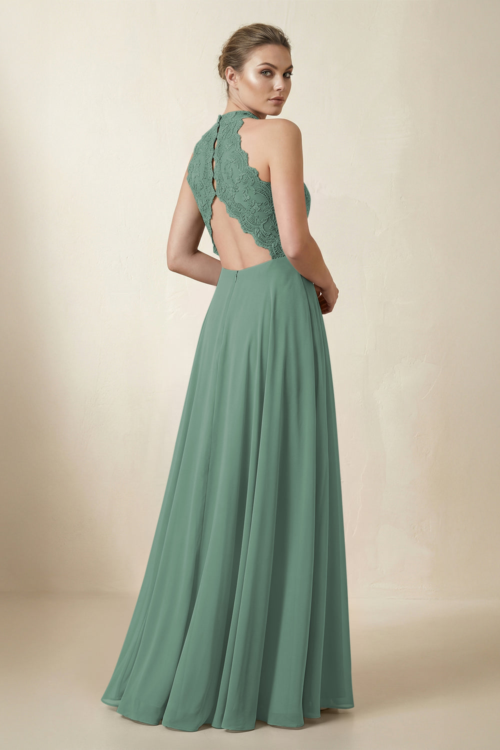 Lace Halter A-Line Chiffon Bridesmaid Dress in Sea Glass