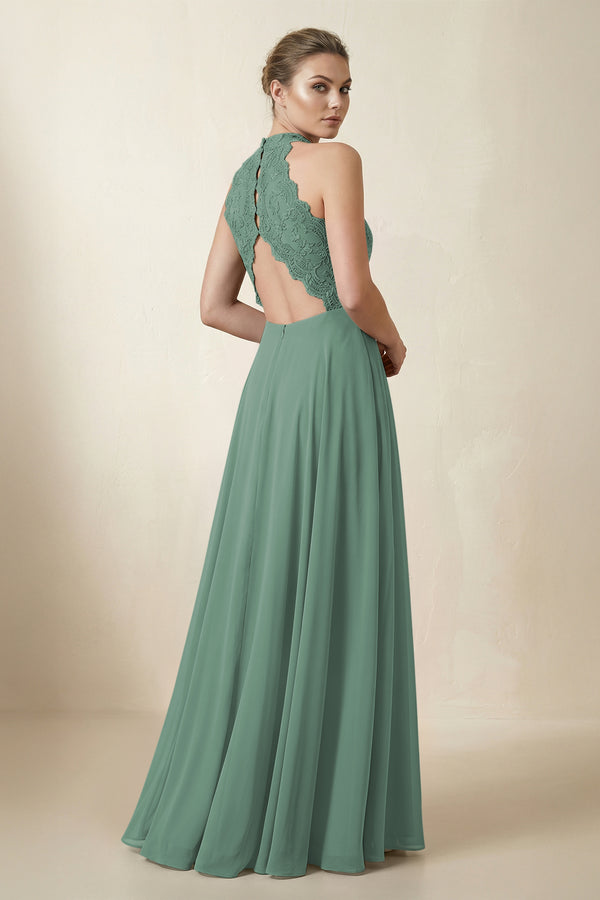 Lace Halter A-Line Chiffon Bridesmaid Dress in Sea Glass (2) | KISSBRIDAL