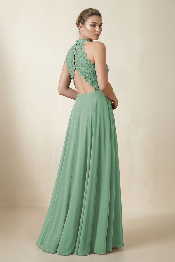 Lace Halter A - Line Chiffon Bridesmaid Dress in Sea Glass - KISS BRIDAL Bridesmaid Dresses