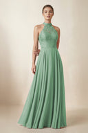 Lace Halter A - Line Chiffon Bridesmaid Dress in Sea Glass - KISS BRIDAL Bridesmaid Dresses