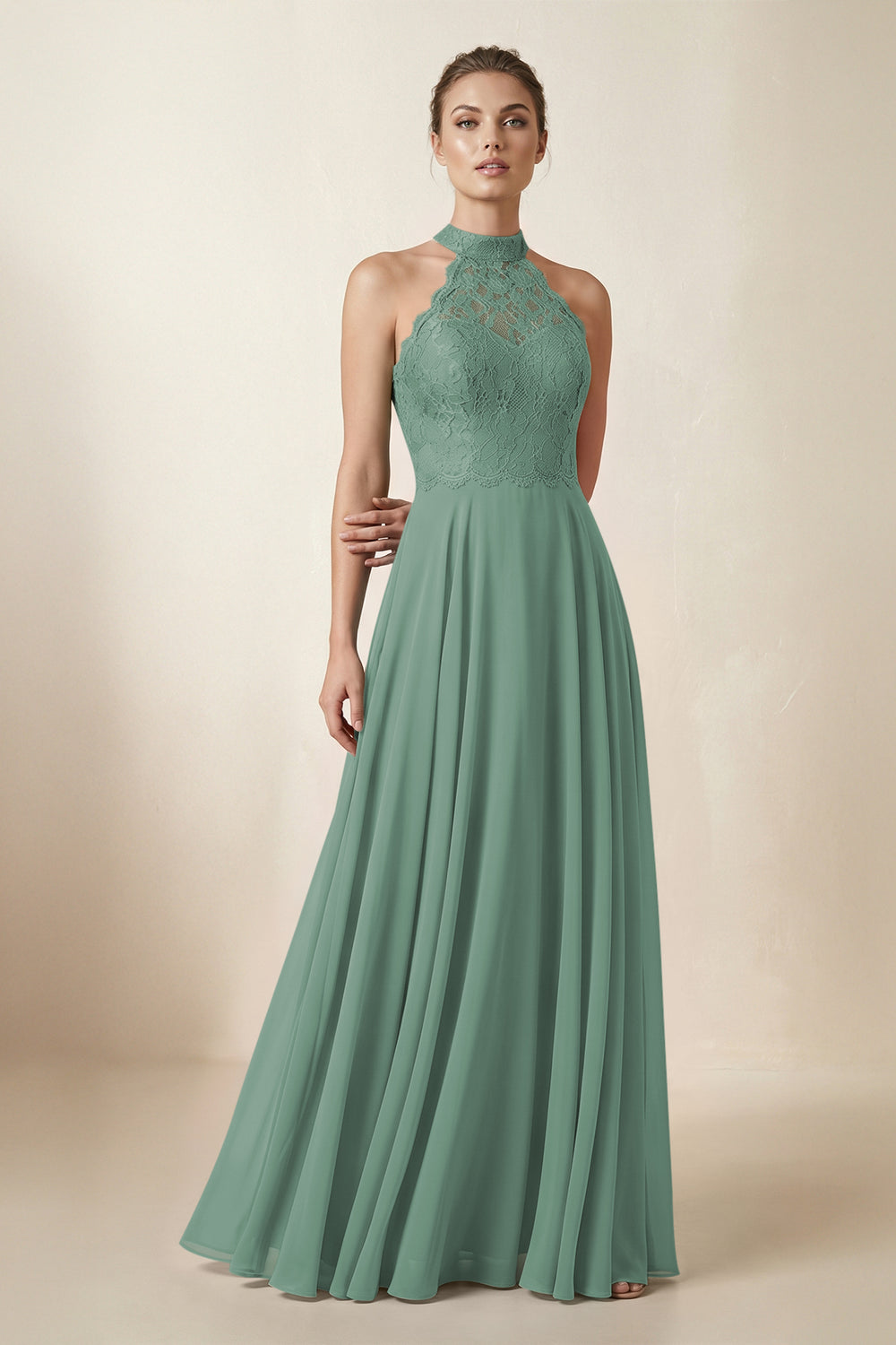 Lace Halter A-Line Chiffon Bridesmaid Dress in Sea Glass