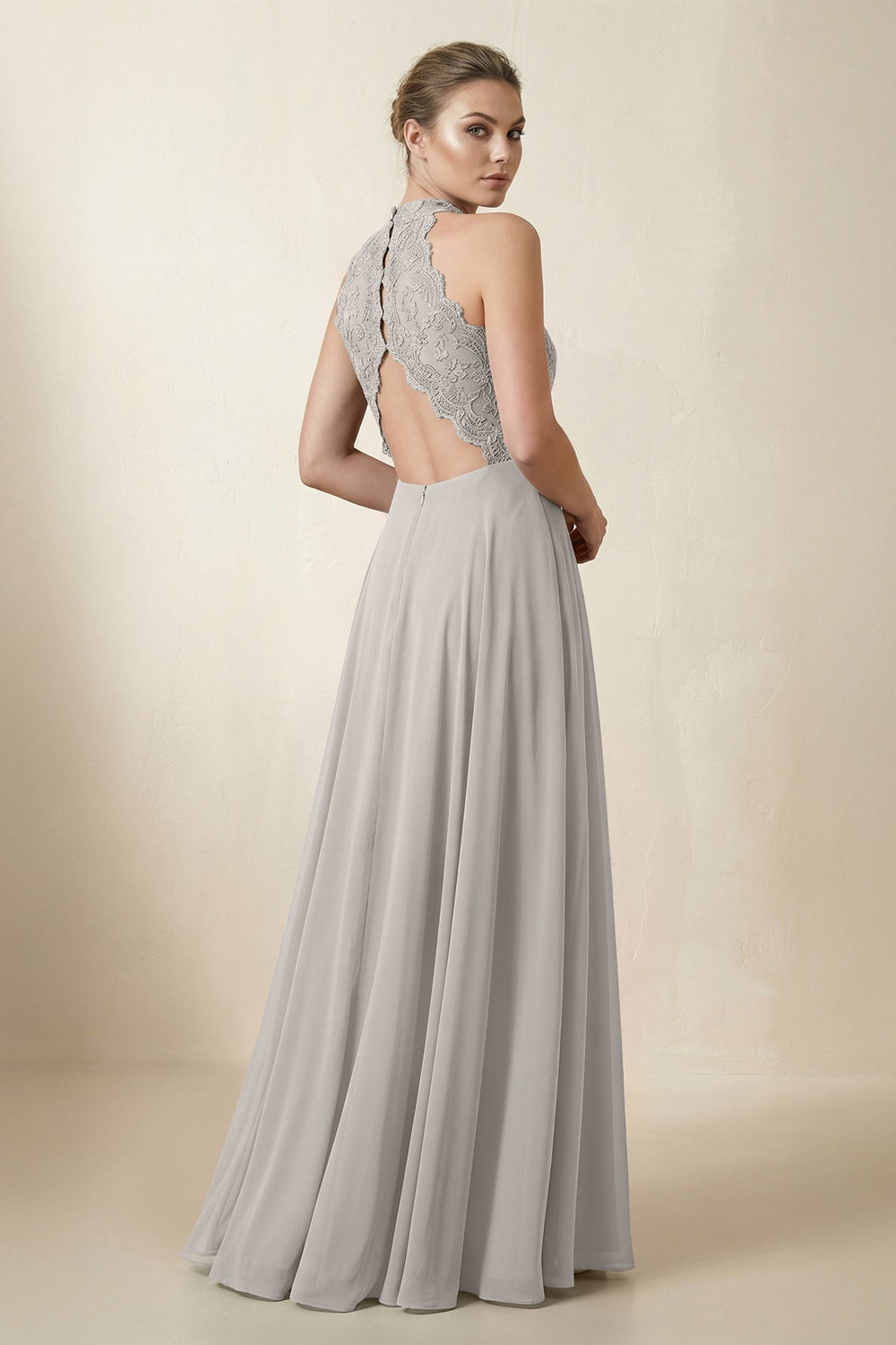Lace Halter A - Line Chiffon Bridesmaid Dress in Silver - KISS BRIDAL Bridesmaid Dresses