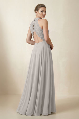 Lace Halter A - Line Chiffon Bridesmaid Dress in Silver - KISS BRIDAL Bridesmaid Dresses