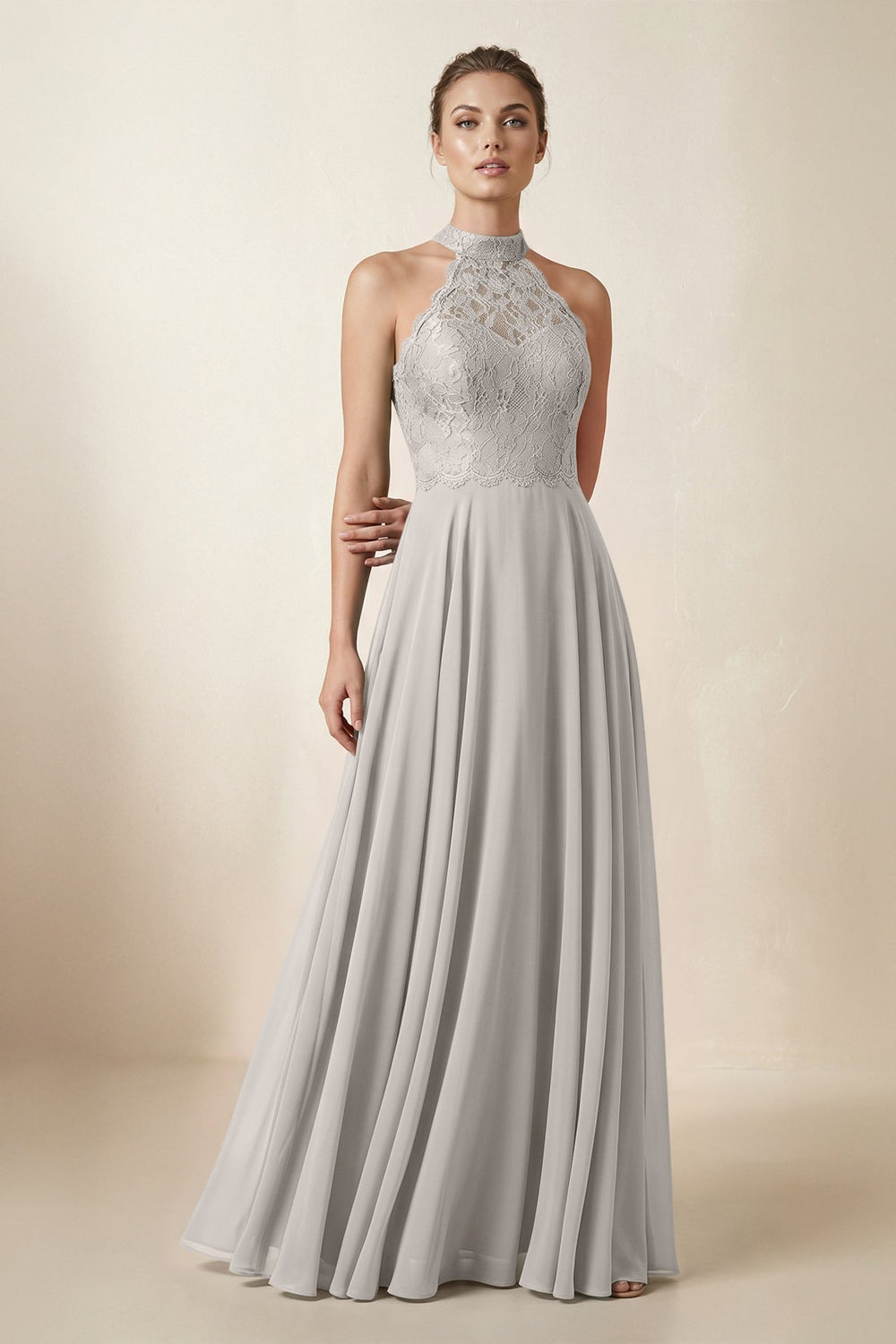 Lace Halter A - Line Chiffon Bridesmaid Dress in Silver - KISS BRIDAL Bridesmaid Dresses