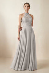 Lace Halter A - Line Chiffon Bridesmaid Dress in Silver - KISS BRIDAL Bridesmaid Dresses