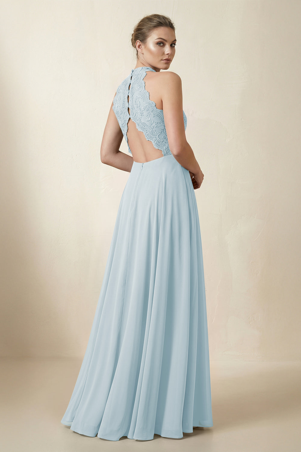 Lace Halter A-Line Chiffon Bridesmaid Dress in Sky Blue