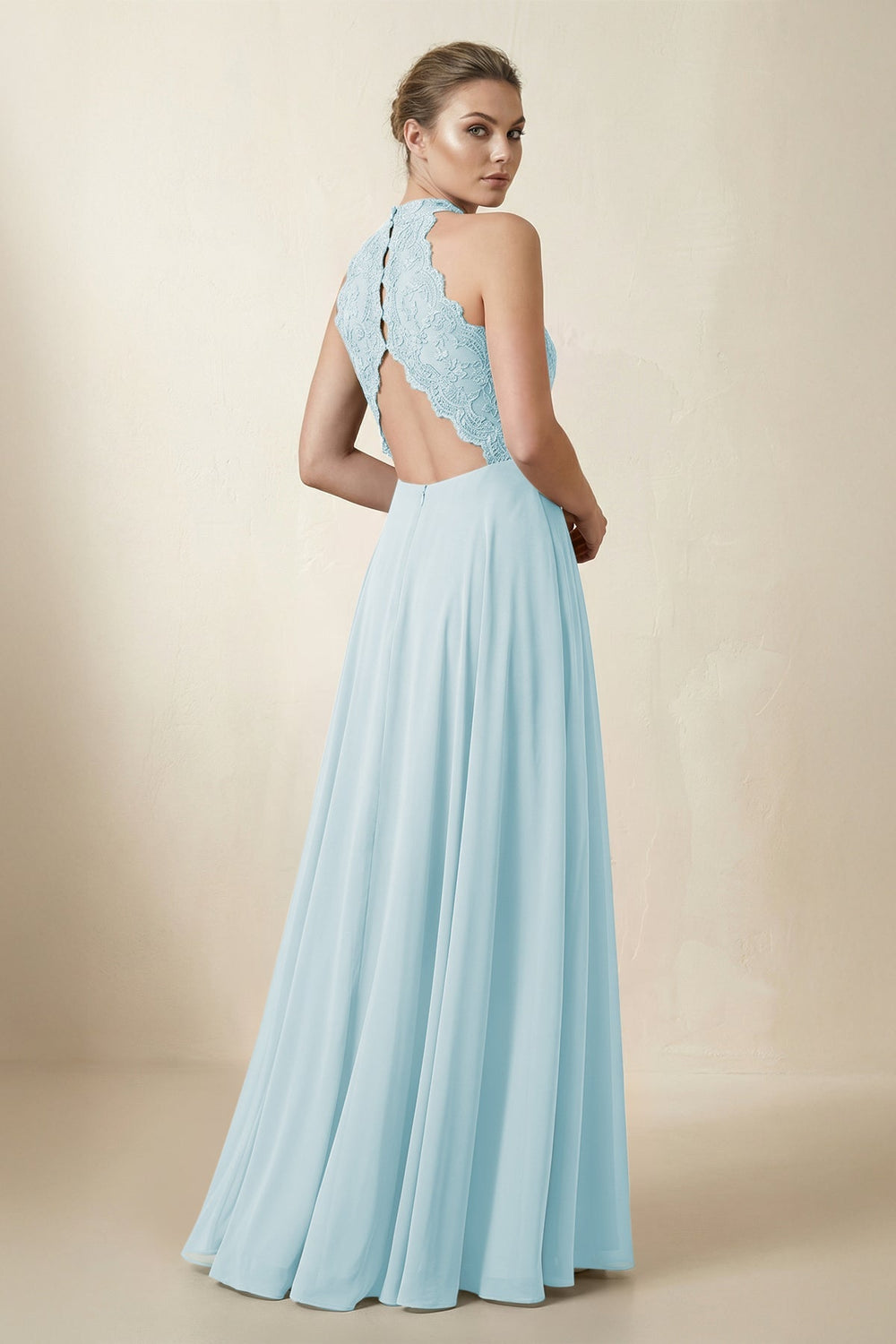 Lace Halter A - Line Chiffon Bridesmaid Dress in Sky Blue - KISS BRIDAL Bridesmaid Dresses