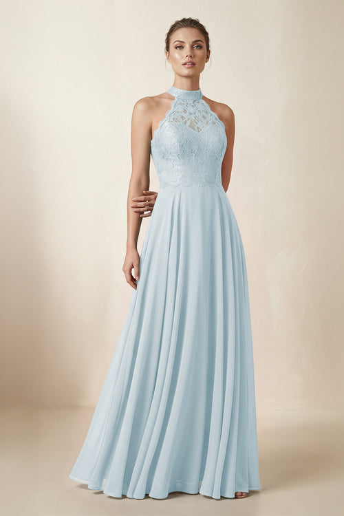 Lace Halter A-Line Chiffon Bridesmaid Dress in Sky Blue | KISSBRIDAL