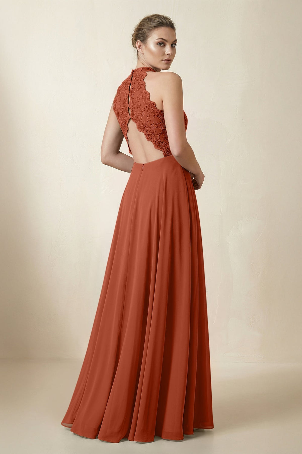 Lace Halter A - Line Chiffon Bridesmaid Dress in Spice - KISS BRIDAL Bridesmaid Dresses