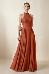 Lace Halter A - Line Chiffon Bridesmaid Dress in Spice - KISS BRIDAL Bridesmaid Dresses